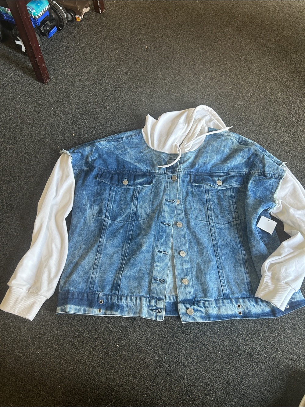 Thrill Blue Acid-Wash Denim Jacket with White Hoodie Sleeves